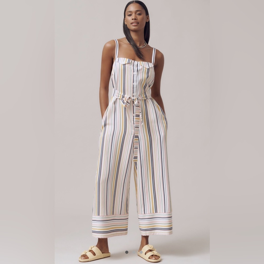 NWT Anthropologie Maeve Easy Sleeveless Shirting Jumpsuit in Sakai Stripe Sz S